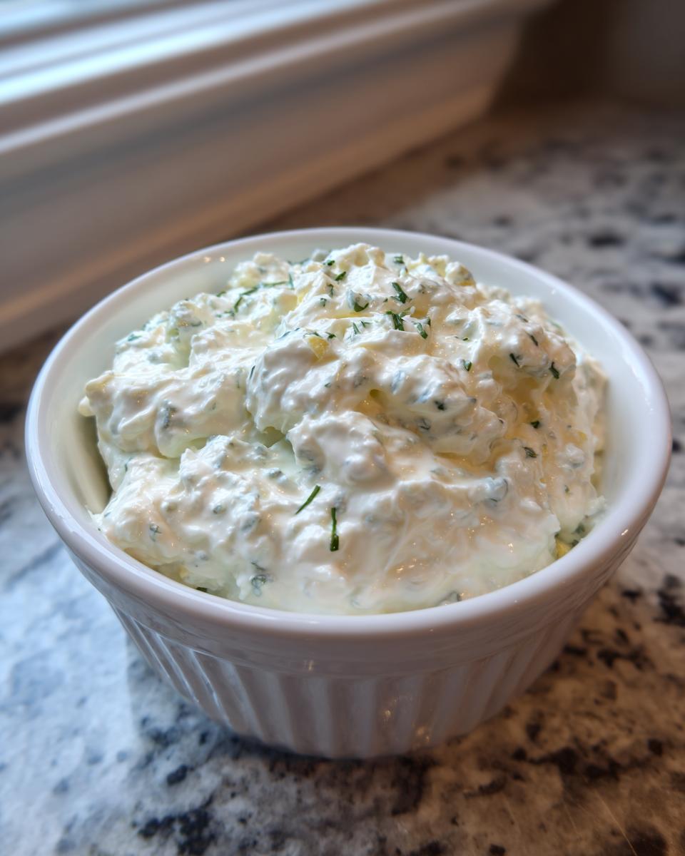 Close-up of thick, creamy blue cheese dip garnished with fresh herbs in a white ruffled bowl.