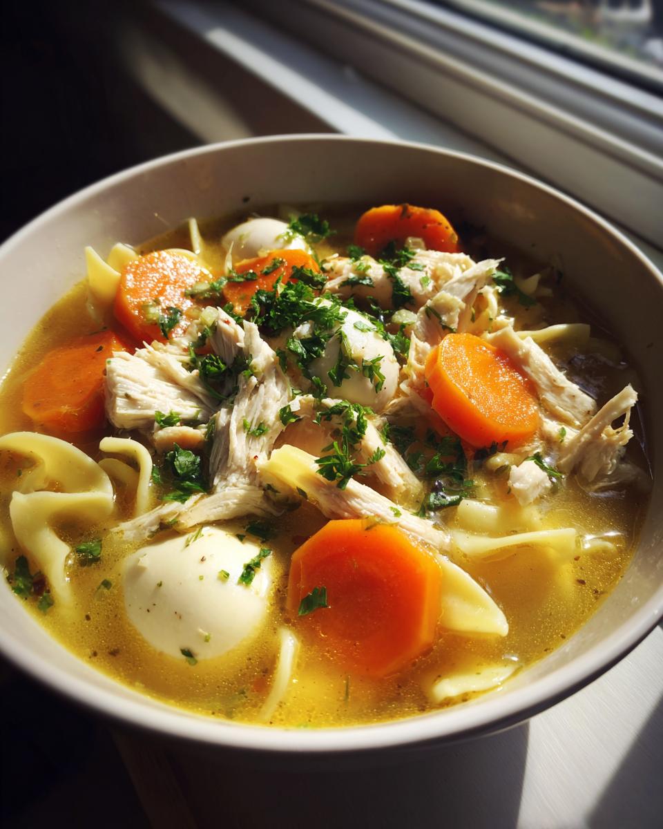Close-up of a bowl of rich turkey noodle soup featuring shredded turkey, bright orange carrots, egg noodles, and fresh parsley.