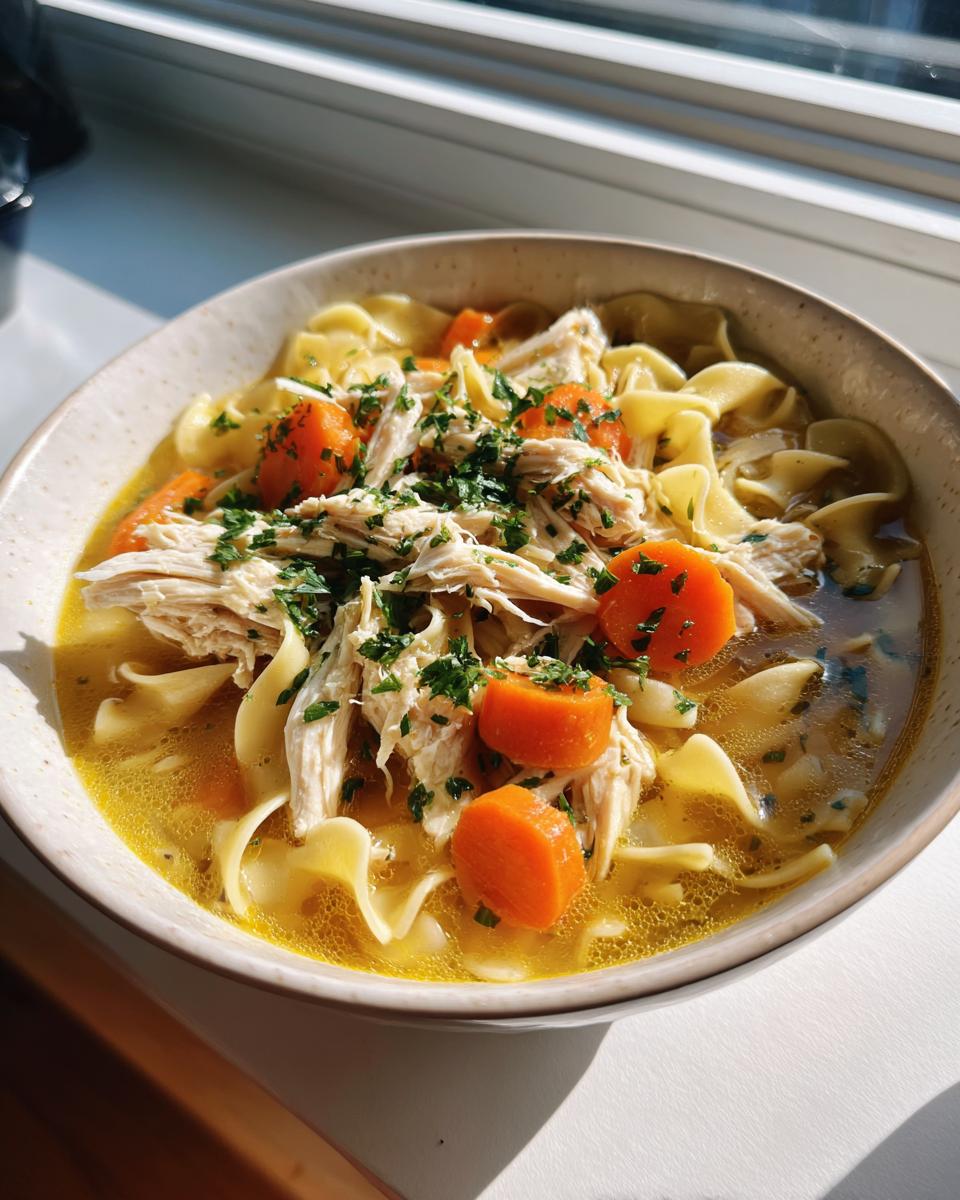 A close-up of a hearty bowl of turkey noodle soup featuring shredded turkey, egg noodles, bright orange carrots, and fresh parsley.