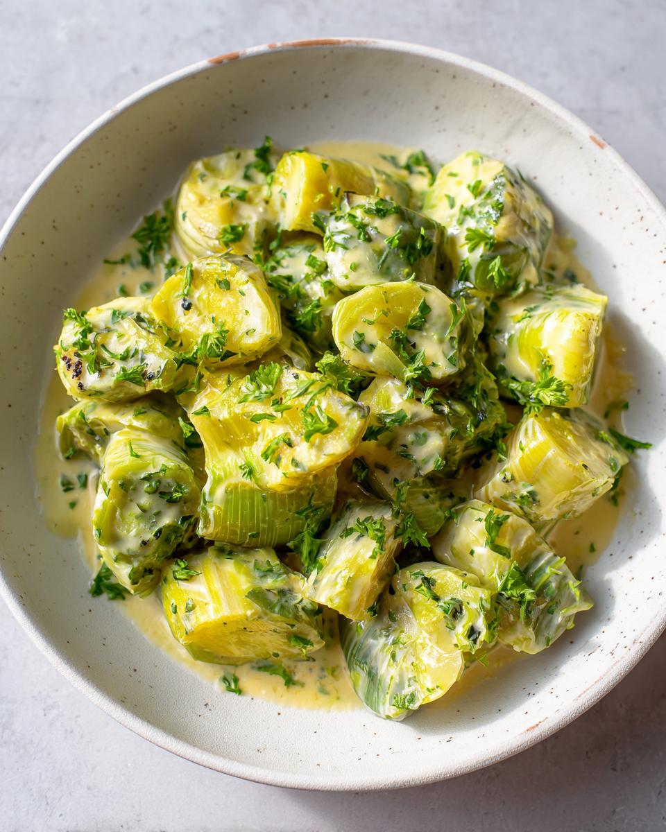 Close-up of tender, cut braised leeks coated in a creamy sauce and topped with fresh parsley.