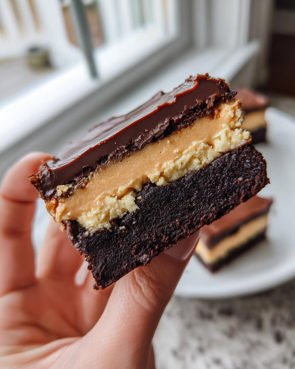 A hand holding a thick slice of rich, three-layer buckeye brownies showing the brownie, peanut butter filling, and chocolate top.