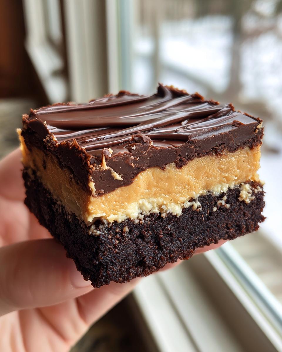 A hand holding a thick square of buckeye brownies showing the dark chocolate base, peanut butter layer, and chocolate ganache topping.