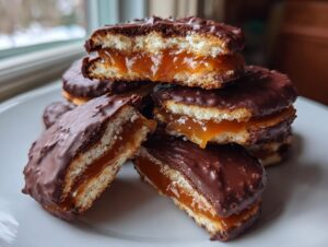 A stack of chocolate-dipped Caramel Ritz Cracker Christmas Cookies, one broken open showing the gooey caramel filling.
