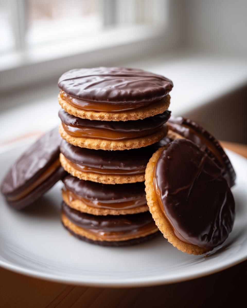 A stack of homemade Caramel Ritz Cracker Christmas Cookies, featuring salted crackers, thick caramel filling, and a dark chocolate coating.