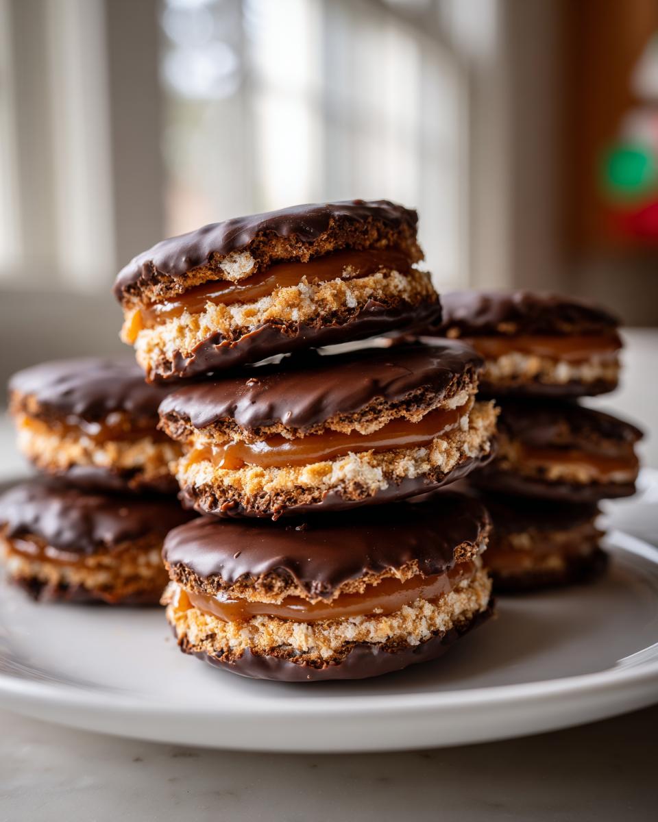 A stack of decadent Caramel Ritz Cracker Christmas Cookies, filled with caramel and coated in dark chocolate.
