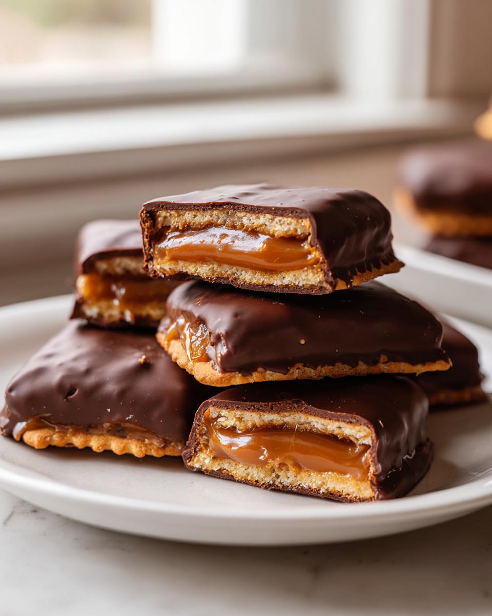 A stack of chocolate-covered Caramel Ritz Cracker Christmas Cookies, with two cut in half showing the gooey caramel filling.
