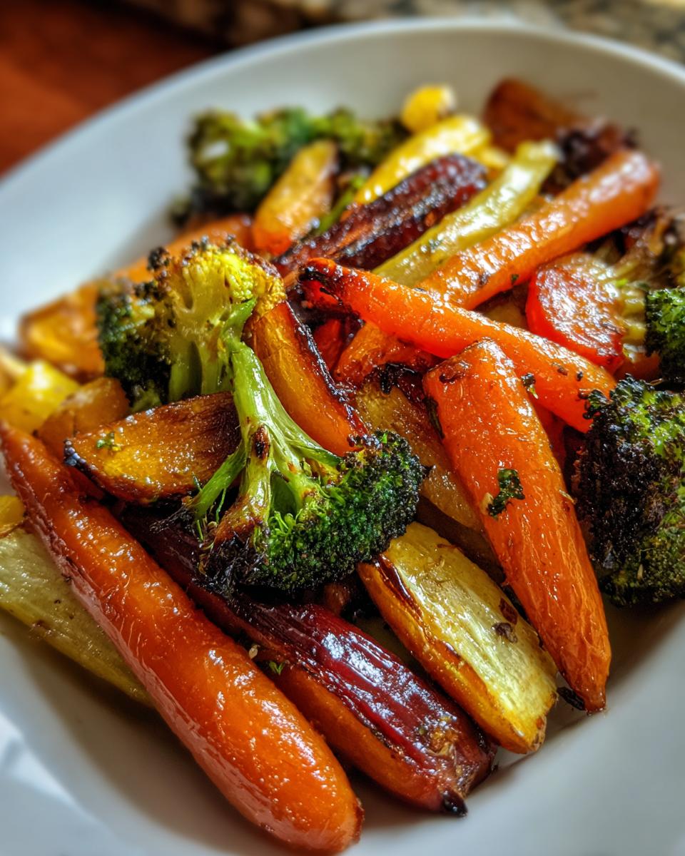 Close-up of vibrant, caramelized roasted vegetables including carrots, broccoli florets, and parsnips.