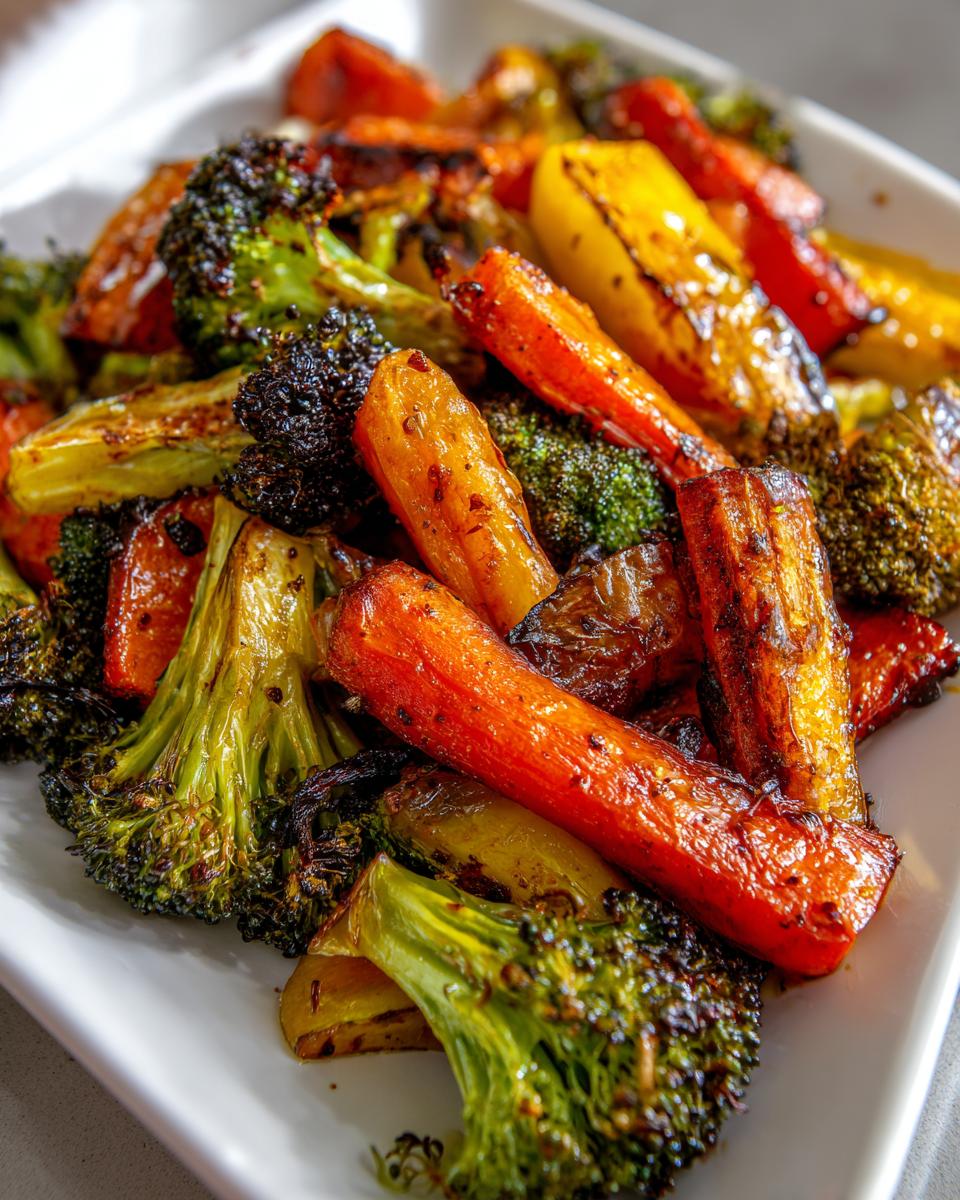 Close-up of vibrant, caramelized roasted vegetables including carrots and broccoli florets.