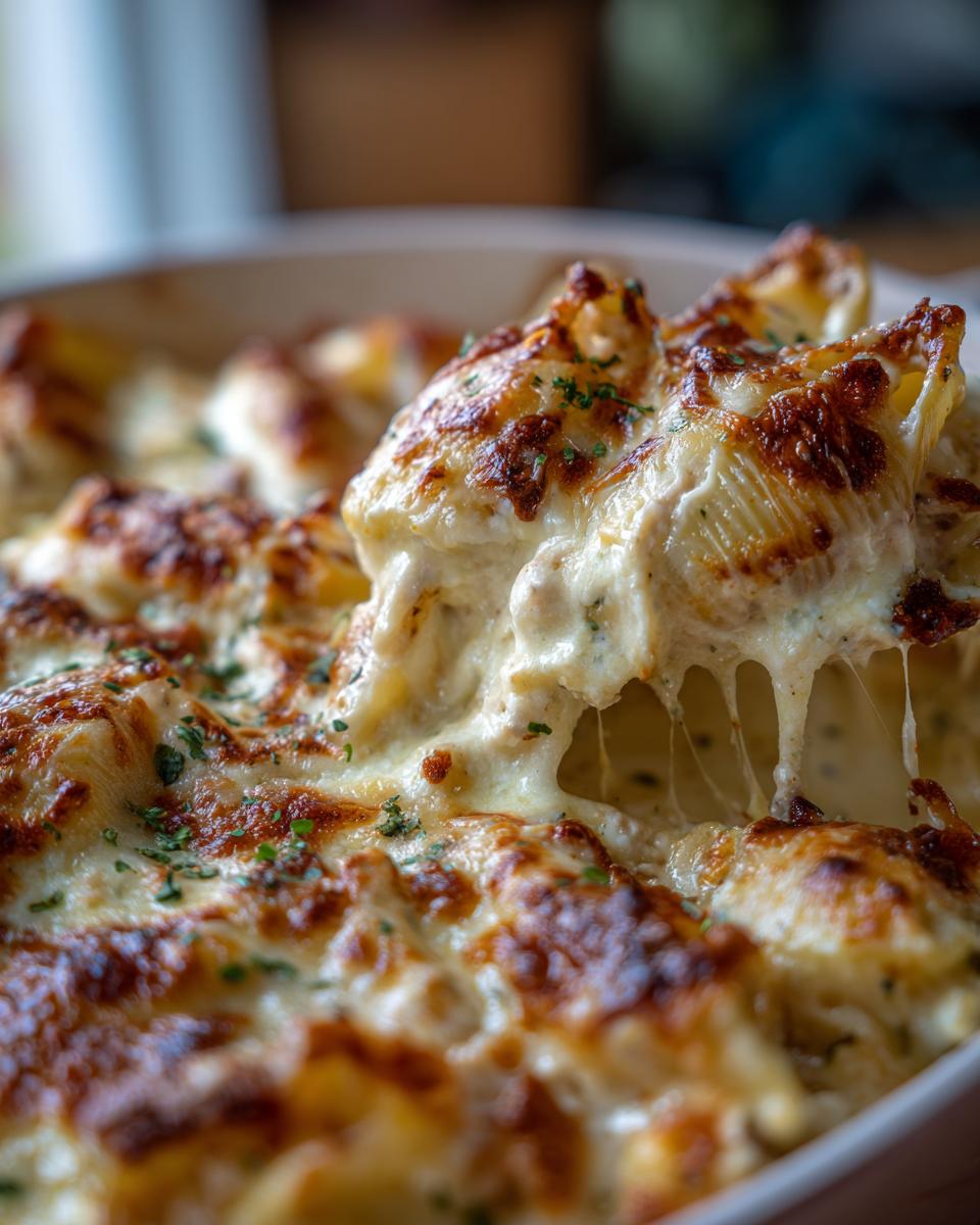 A serving spoon lifts a cheesy portion of chicken alfredo stuffed shells, showing melted cheese strings.