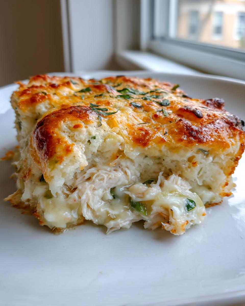 A close-up serving of creamy chicken cobbler showing shredded chicken, melted cheese, and a golden biscuit topping.