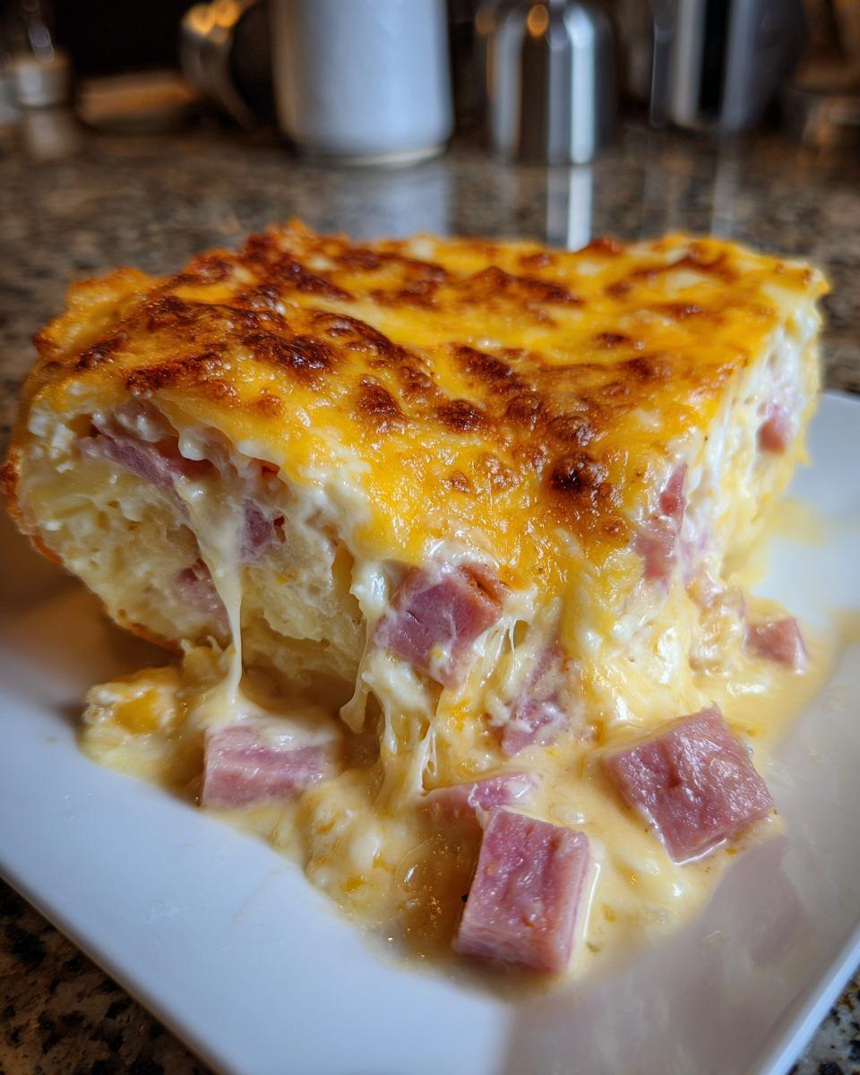 A close-up of a rich, cheesy slice of scalloped potatoes and ham casserole oozing sauce.
