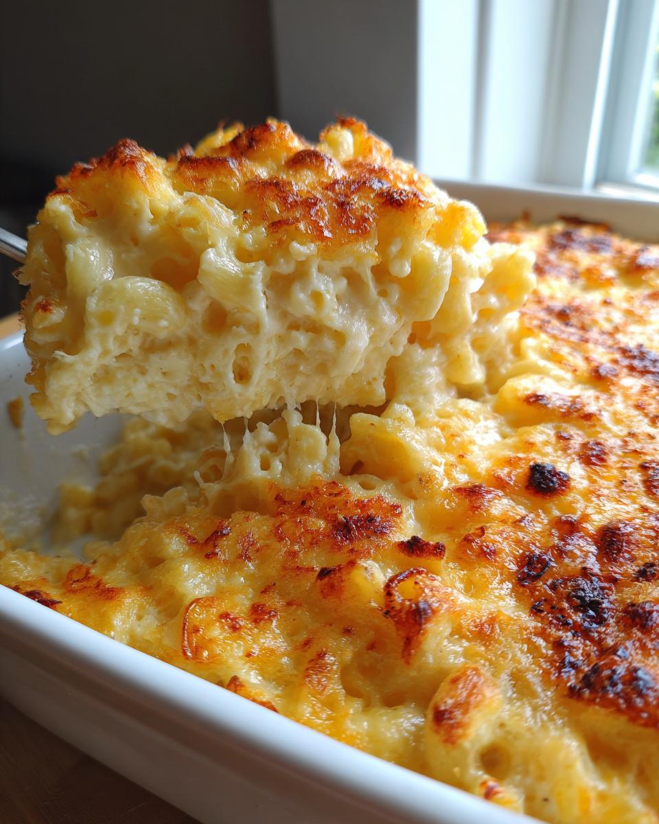 A spoonful of creamy, cheesy southern baked macaroni and cheese being lifted from a white baking dish.
