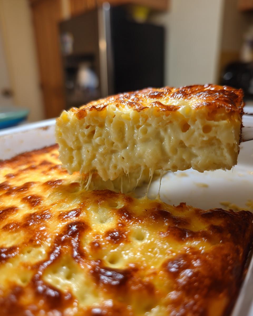 A spatula lifts a cheesy, baked slice of southern baked macaroni and cheese showing long cheese pulls.
