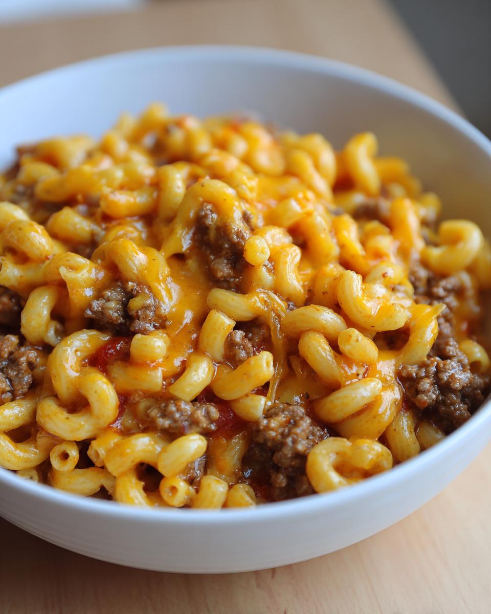 Close-up of a bowl of cheesy taco pasta featuring elbow macaroni, seasoned ground beef, and melted cheddar cheese.