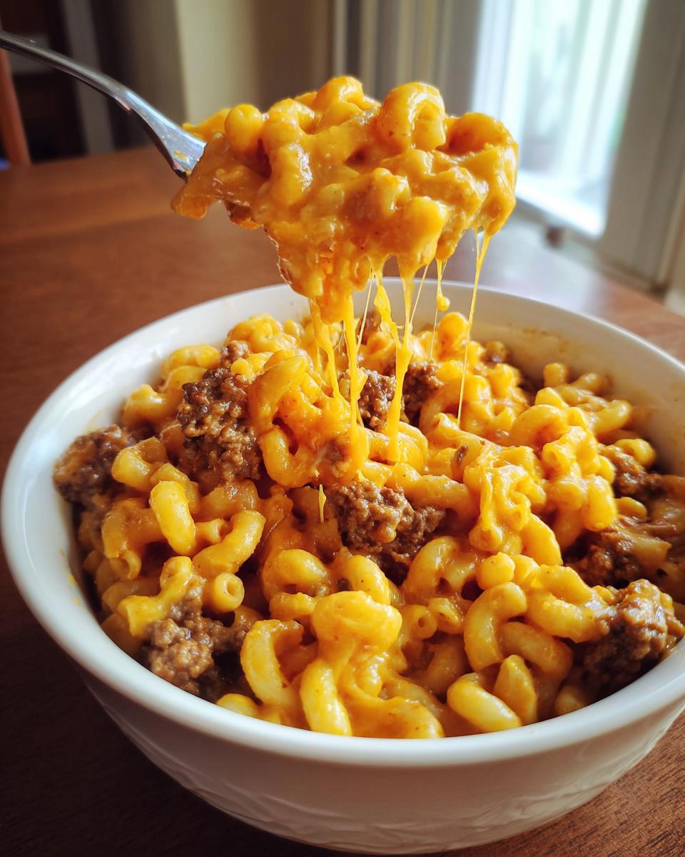 A fork lifts a scoop of creamy, cheesy taco pasta mixed with ground beef out of a white bowl, showing a dramatic cheese pull.