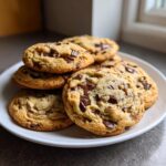 A stack of freshly baked, thick chocolate chip cookies loaded with melted chocolate chunks on a white plate.