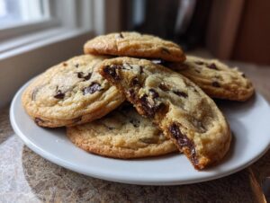 A stack of freshly baked, chewy chocolate chip cookies on a white plate, with one cookie broken open showing melted chocolate.