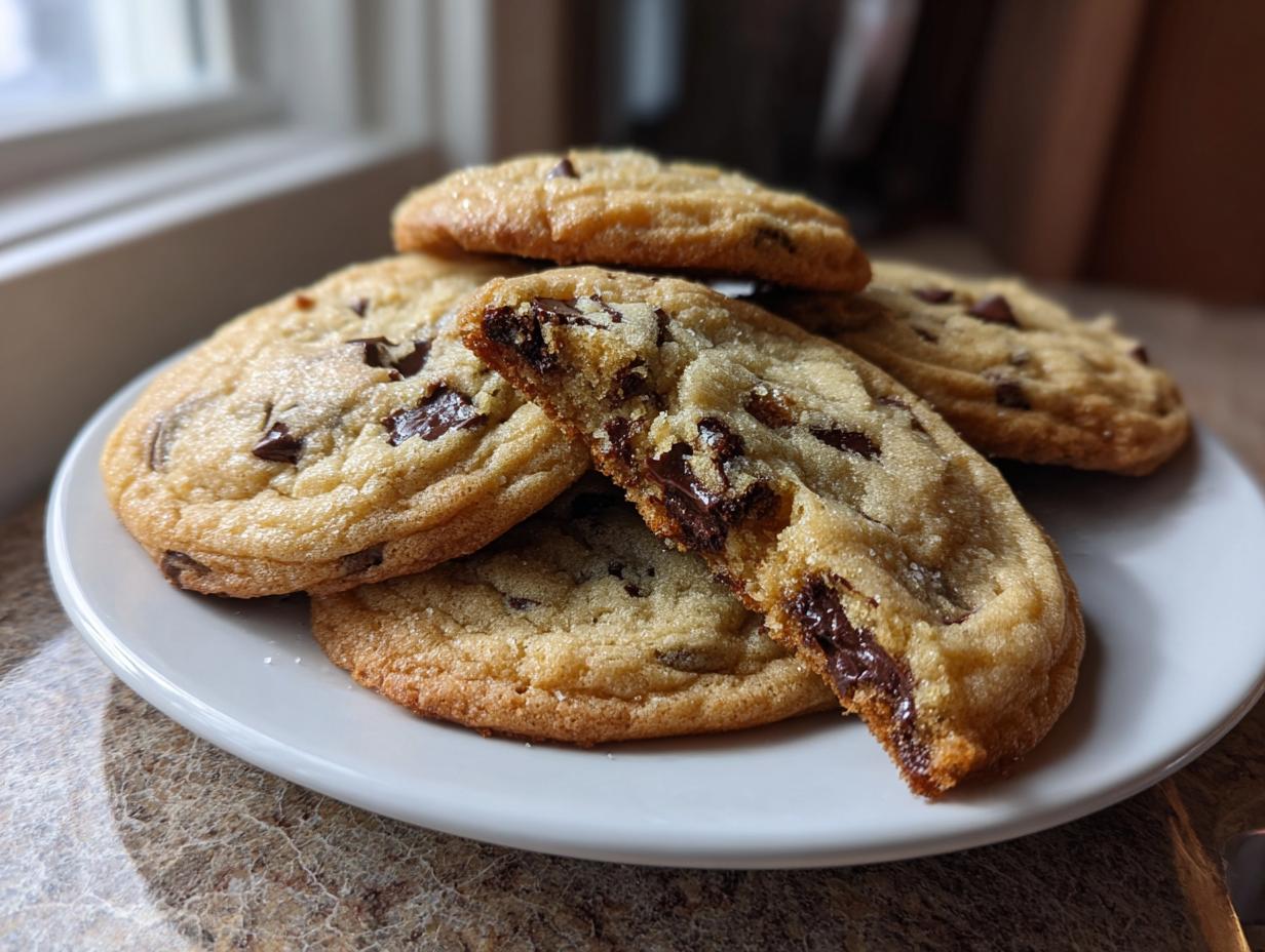 A stack of freshly baked, chewy chocolate chip cookies on a white plate, with one cookie broken open showing melted chocolate.