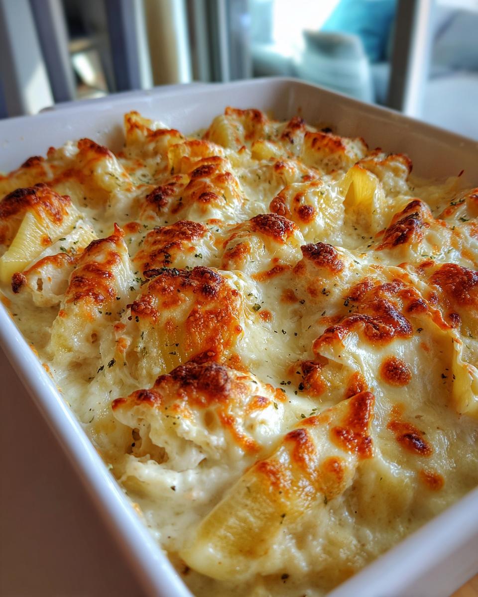 Close-up of baked chicken alfredo stuffed shells covered in creamy alfredo sauce and bubbly, golden-brown melted cheese.