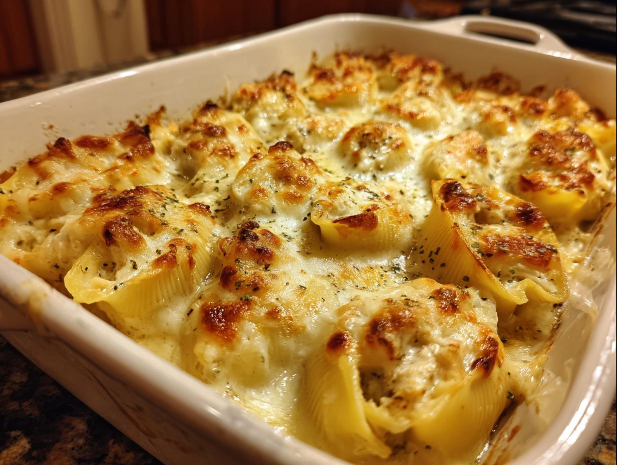 A close-up of baked chicken alfredo stuffed shells covered in melted, browned cheese and herbs in a white baking dish.