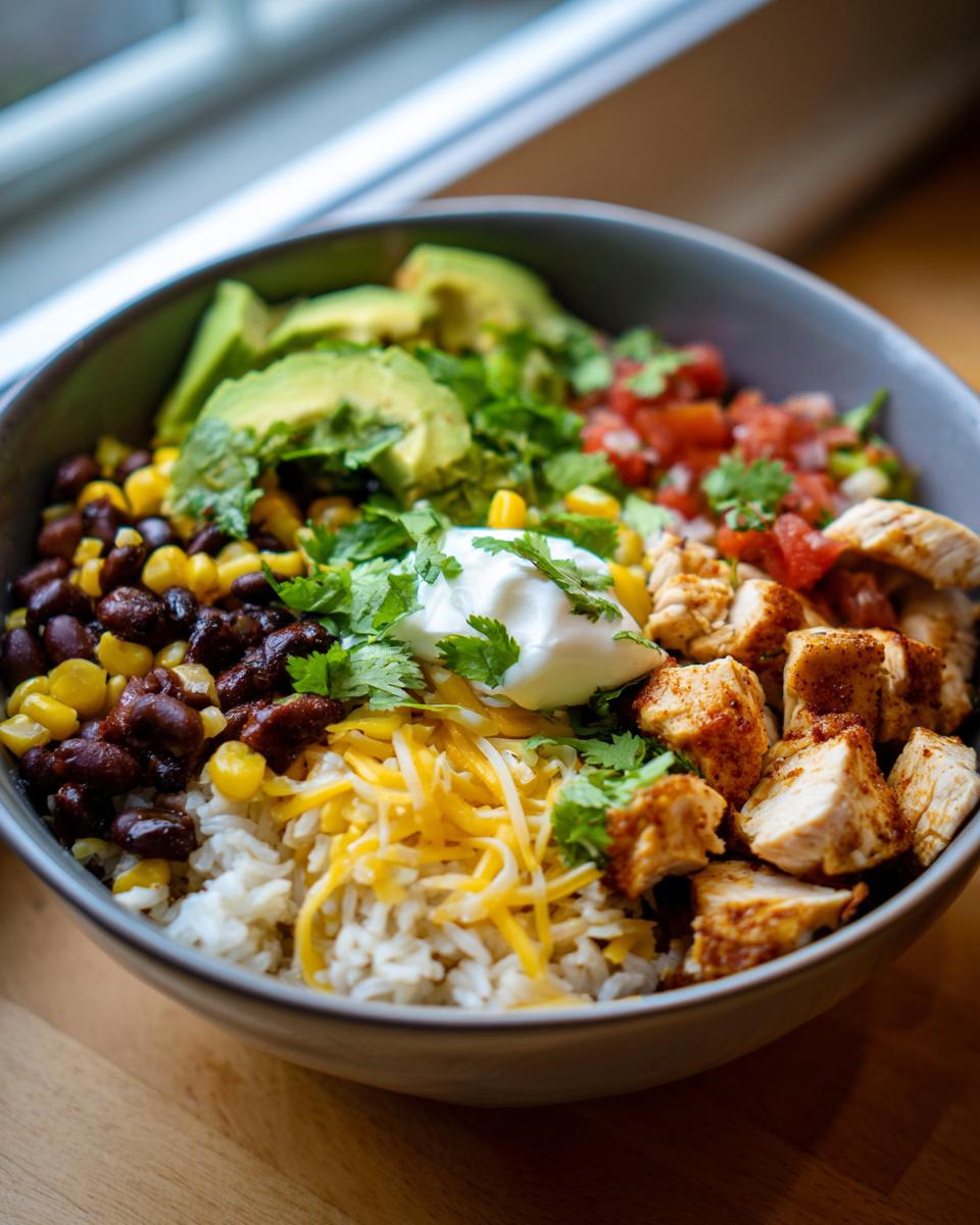 A close-up of a fully loaded chicken burrito bowl featuring seasoned chicken, rice, black beans, corn, avocado, cheese, and sour cream.