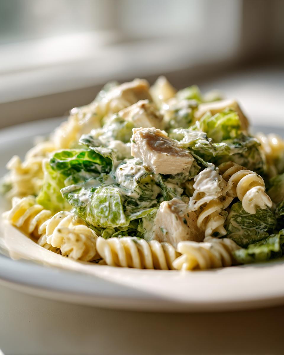A close-up of a serving of chicken caesar pasta salad featuring rotini pasta, chunks of chicken, and romaine lettuce coated in creamy dressing.