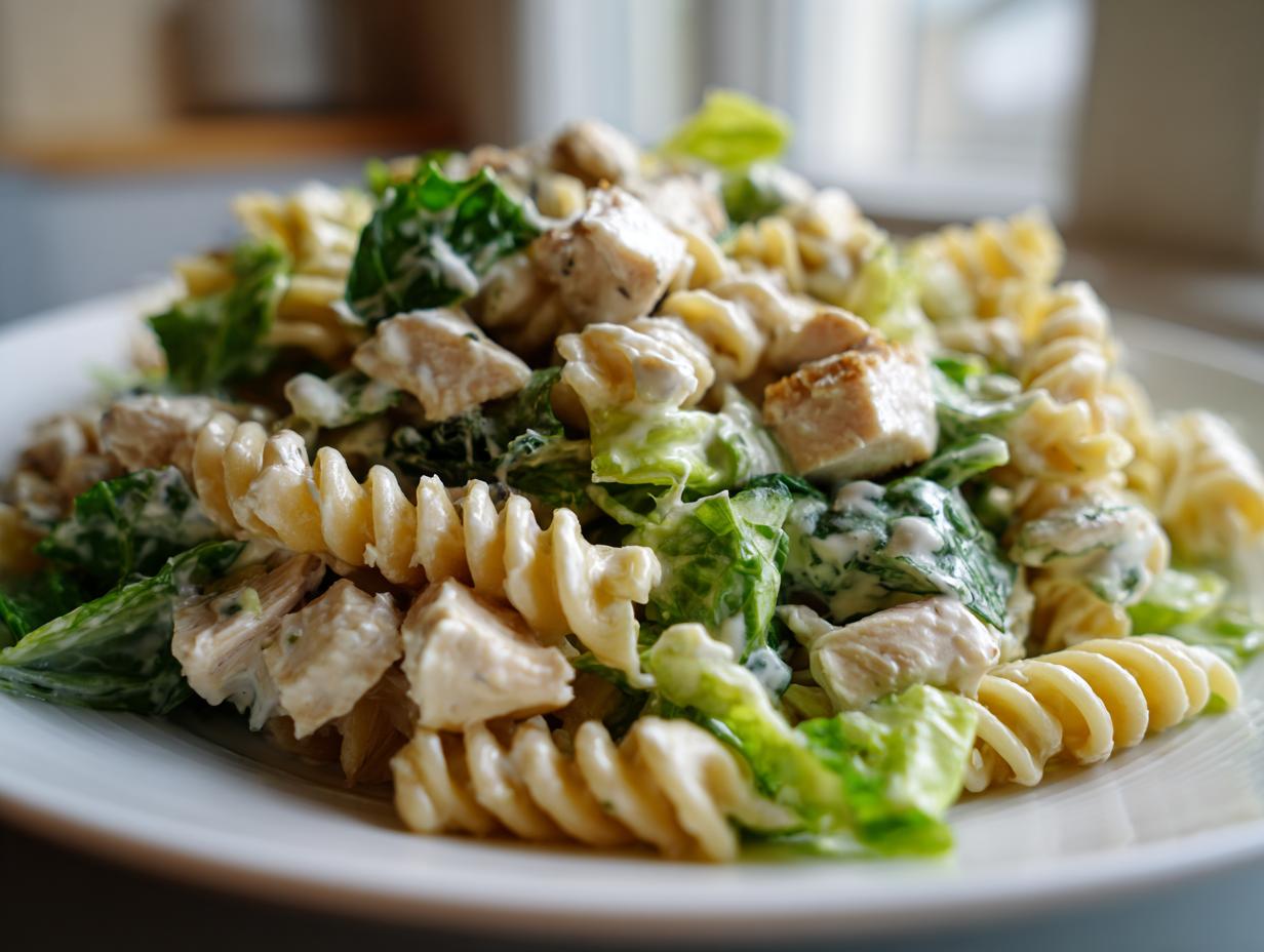 Close-up of a serving of chicken caesar pasta salad featuring rotini pasta, diced chicken, and romaine lettuce coated in creamy dressing.
