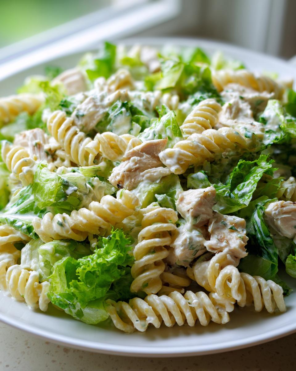 Close-up of creamy chicken caesar pasta salad featuring rotini pasta, chopped chicken, and crisp lettuce.