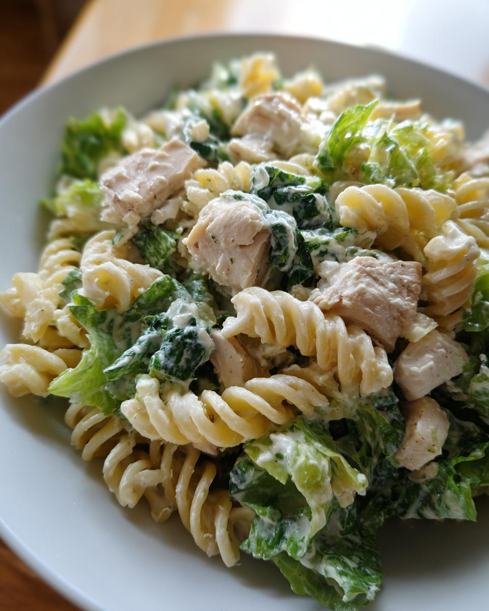 Close-up of a bowl of chicken caesar pasta salad featuring rotini pasta, chopped chicken, and romaine lettuce coated in creamy dressing.