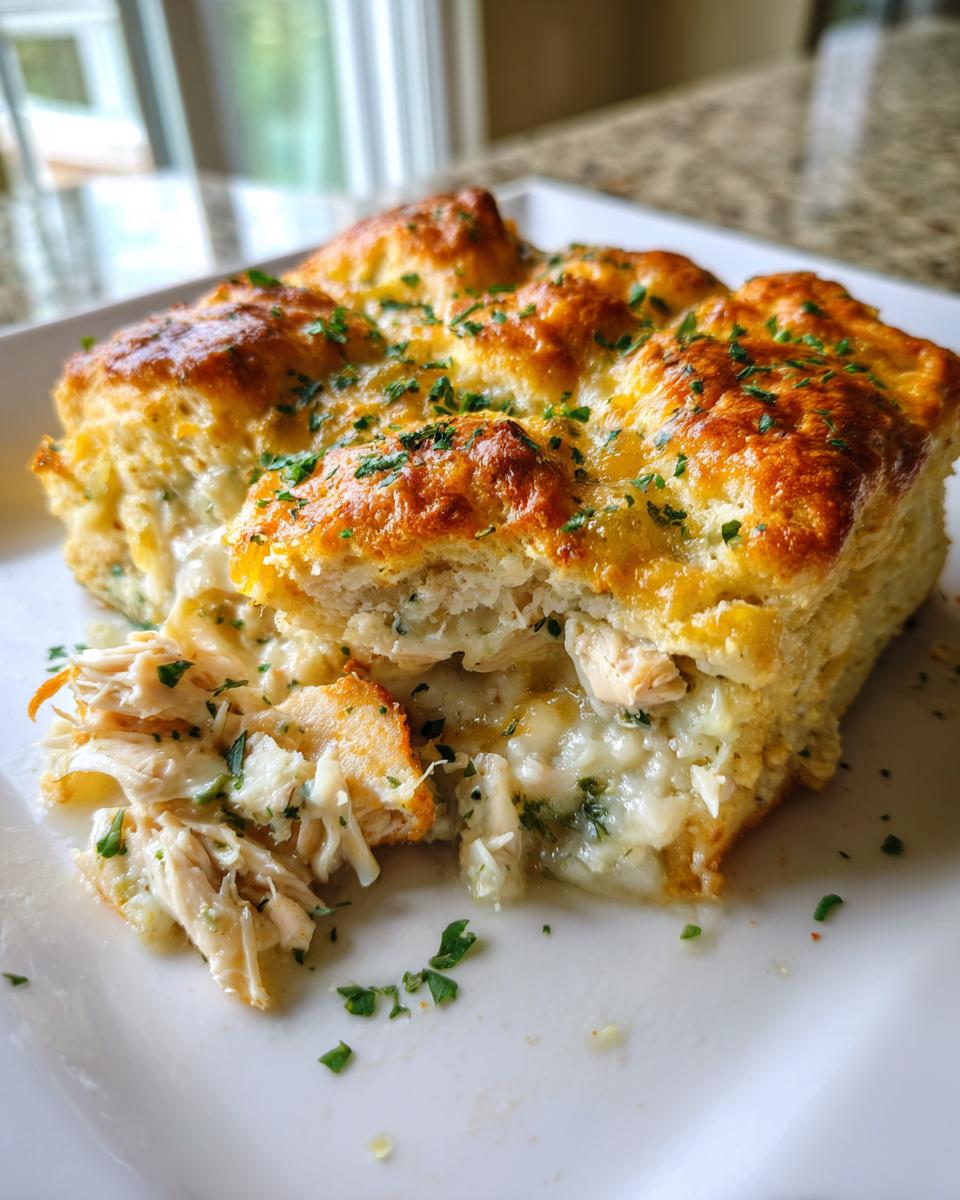 A close-up serving of creamy chicken cobbler showing shredded chicken filling and a golden, fluffy biscuit topping garnished with parsley.