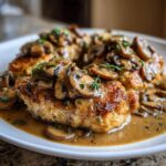 Close-up of pan-seared chicken marsala breasts smothered in a rich, brown mushroom sauce and garnished with fresh herbs.