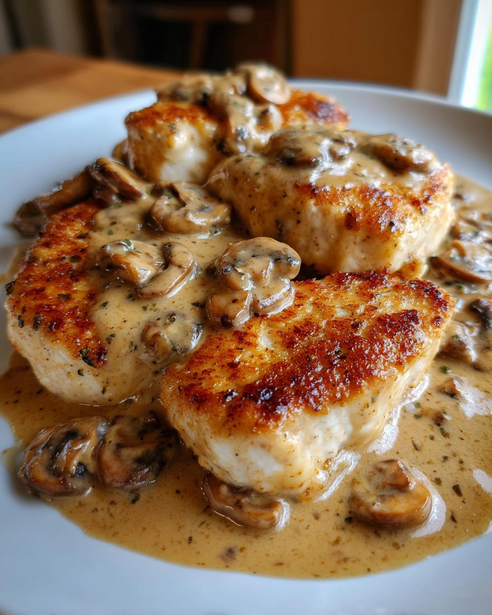 Close-up of three golden-brown chicken breasts smothered in creamy mushroom sauce, classic chicken marsala.