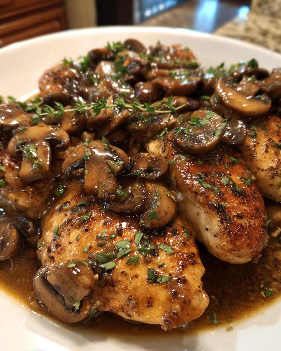 Close-up of savory chicken marsala breasts covered in a rich brown mushroom sauce and garnished with fresh thyme.
