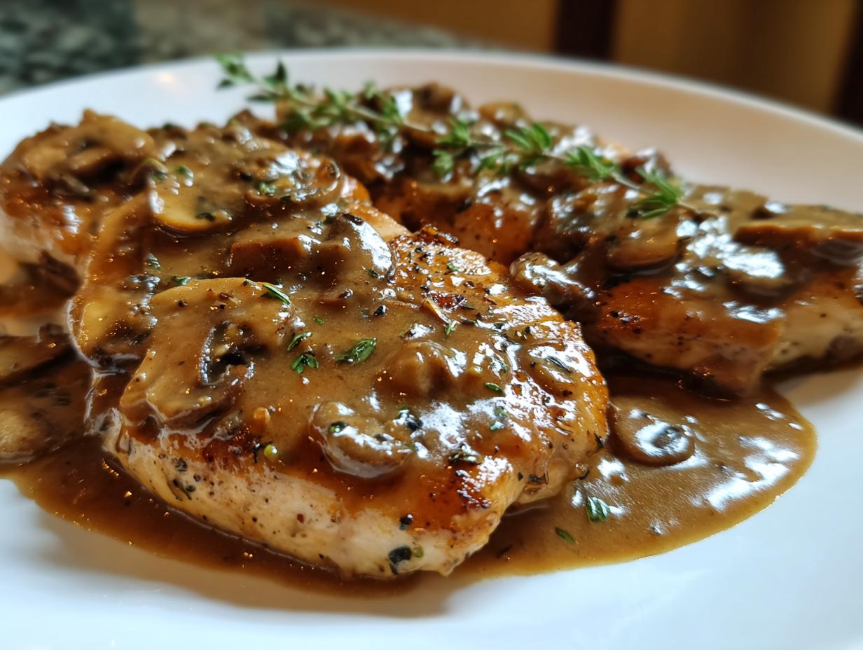 Close-up of pan-seared chicken breasts covered in rich, brown mushroom sauce, featuring fresh thyme garnish. This is the perfect chicken marsala.