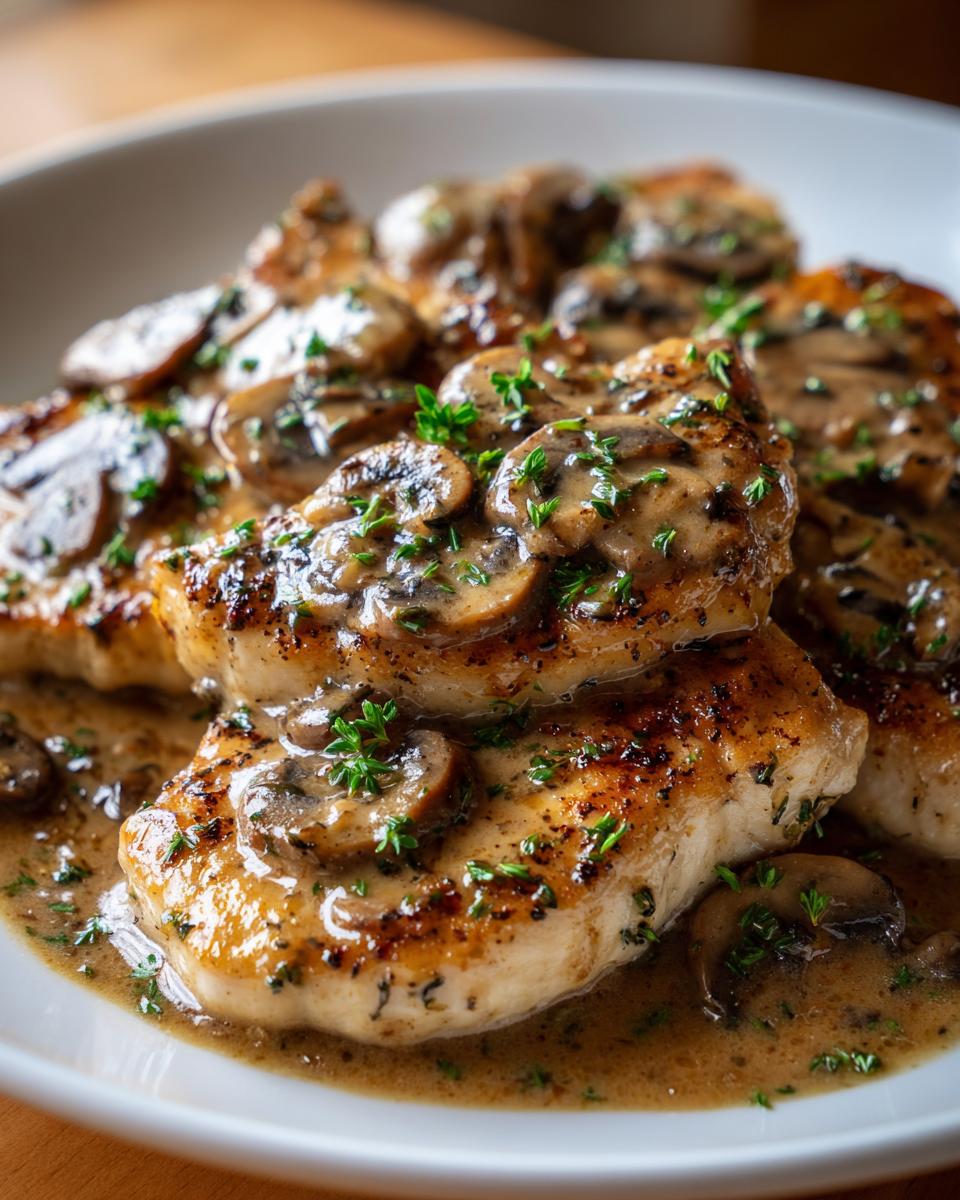 Close-up of pan-seared chicken breasts smothered in rich mushroom sauce, the signature chicken marsala.