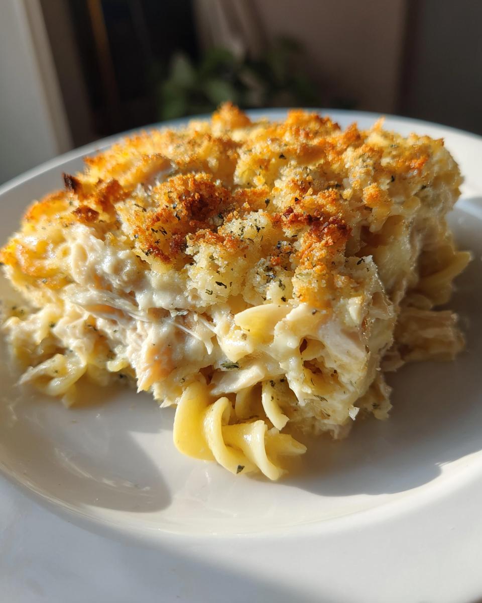 A close-up serving of creamy chicken noodle casserole topped with golden, crunchy breadcrumbs.