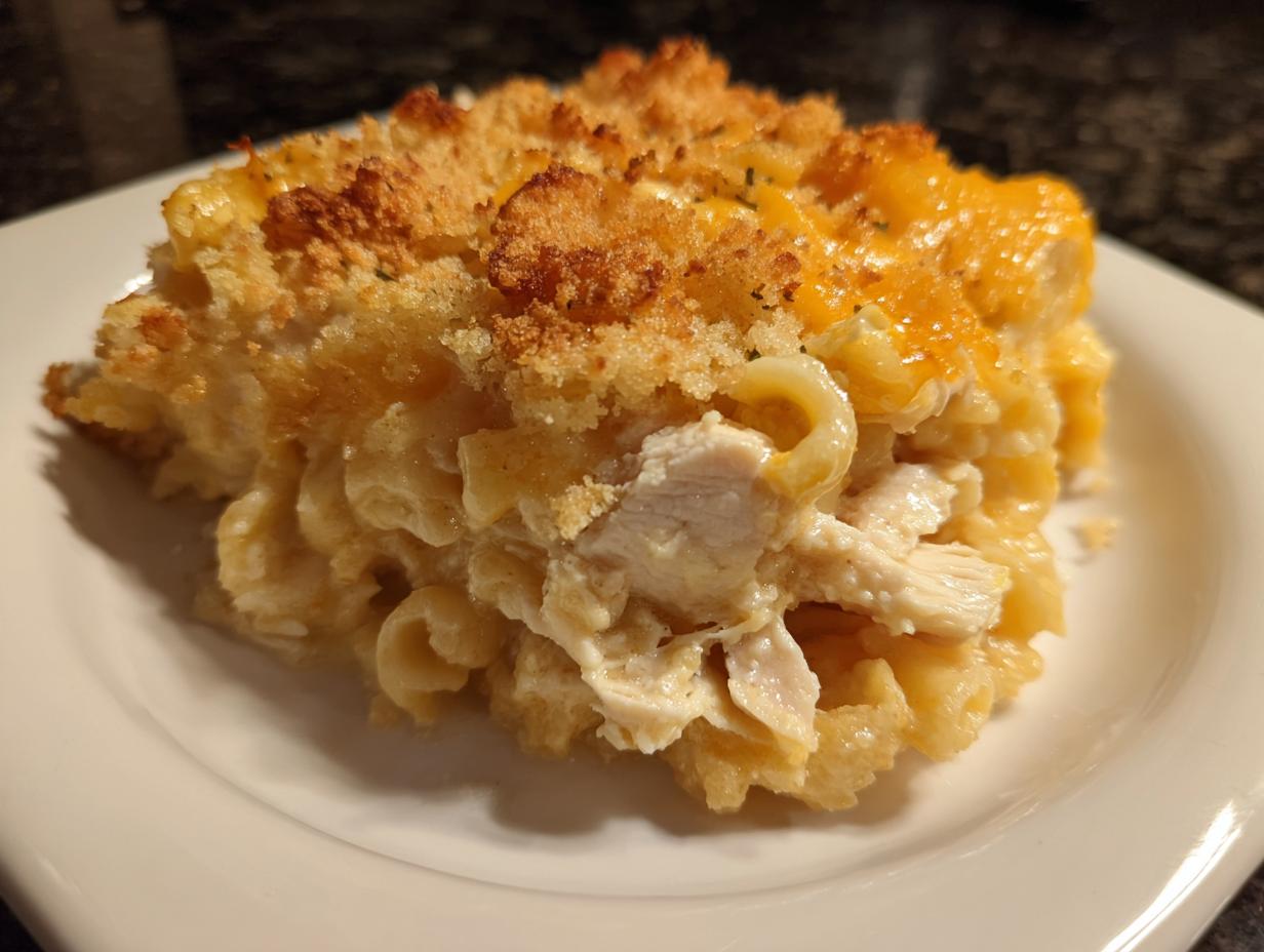 A generous serving of creamy chicken noodle casserole topped with golden breadcrumbs and melted cheese.