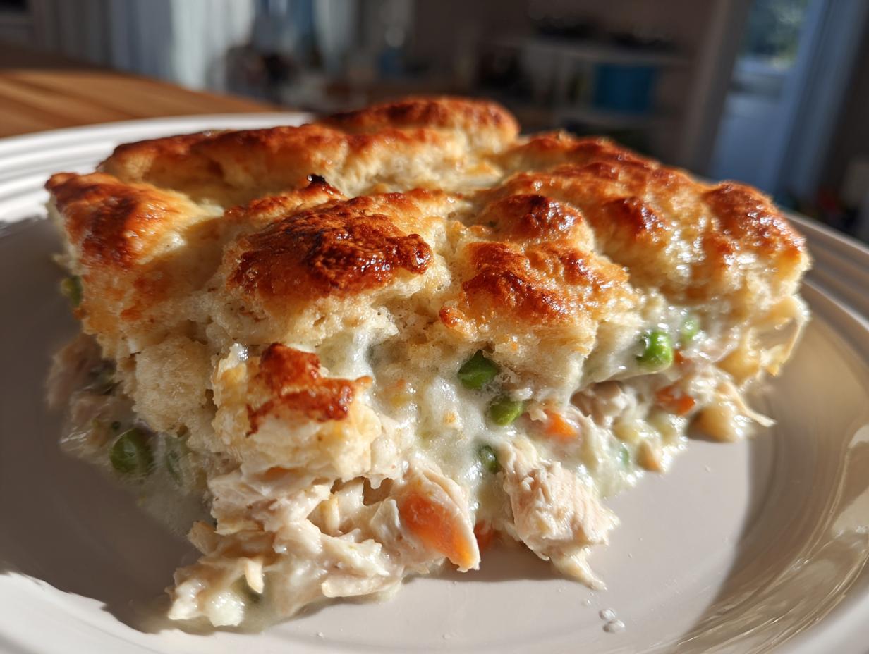 Close-up of a serving of creamy chicken pot with golden biscuit topping, showing shredded chicken, peas, and carrots.