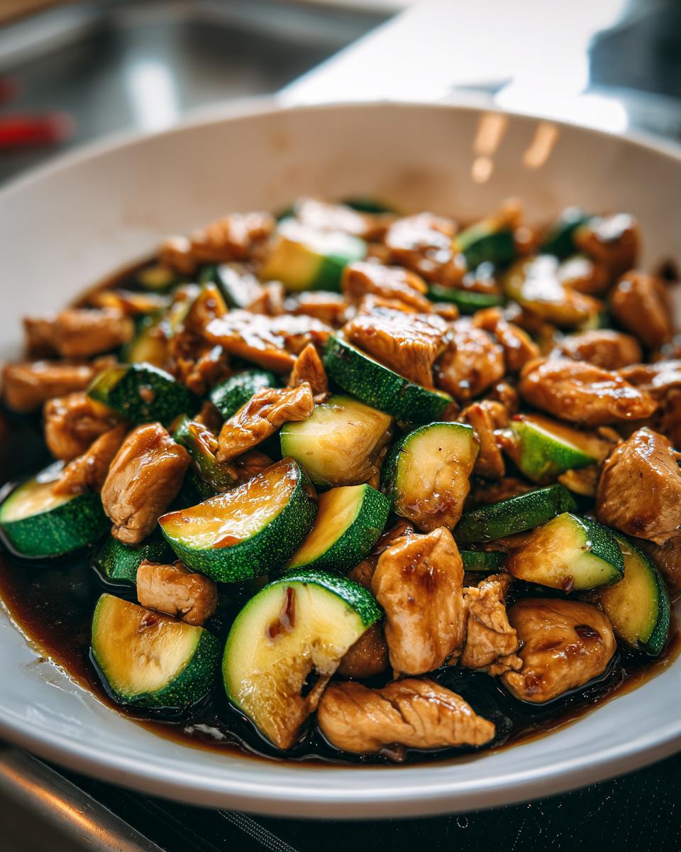 A close-up, appetizing shot of chicken zucchini stir fry coated in a rich brown sauce, served in a white bowl.