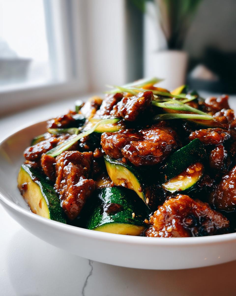 Close-up of glossy, saucy chicken zucchini stir fry topped with sliced green onions.