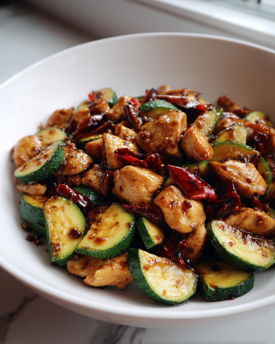 Close-up of glossy, saucy chicken zucchini stir fry pieces mixed with dried red chili peppers in a white bowl.