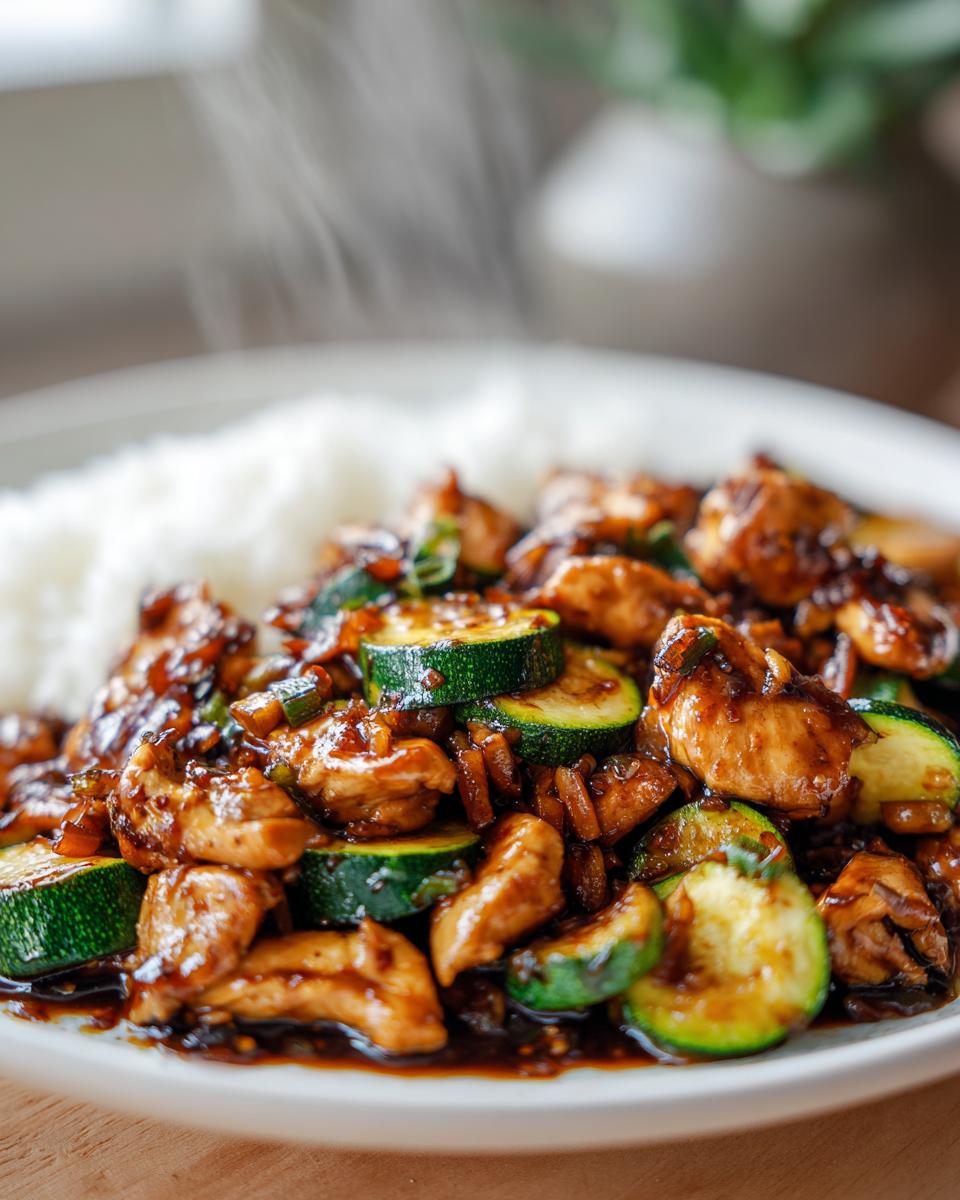Close-up of a hot chicken zucchini stir fry coated in dark sauce, served next to white rice.