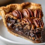 Close-up of a decadent slice of chocolate bourbon pecan pie showing the gooey filling, chocolate chunks, and whole pecans.
