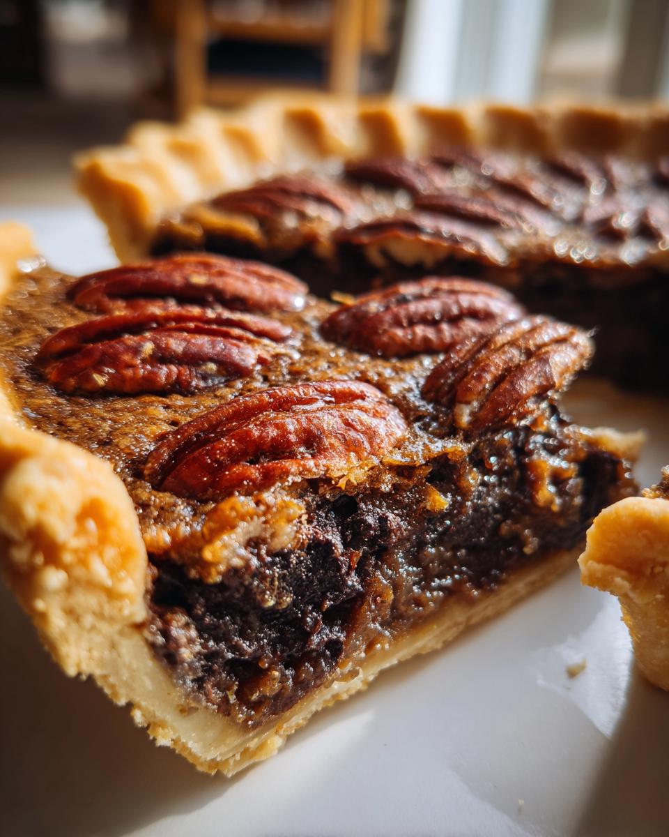 Close-up of a rich slice of chocolate bourbon pecan pie showing the dark filling and whole pecans on top.