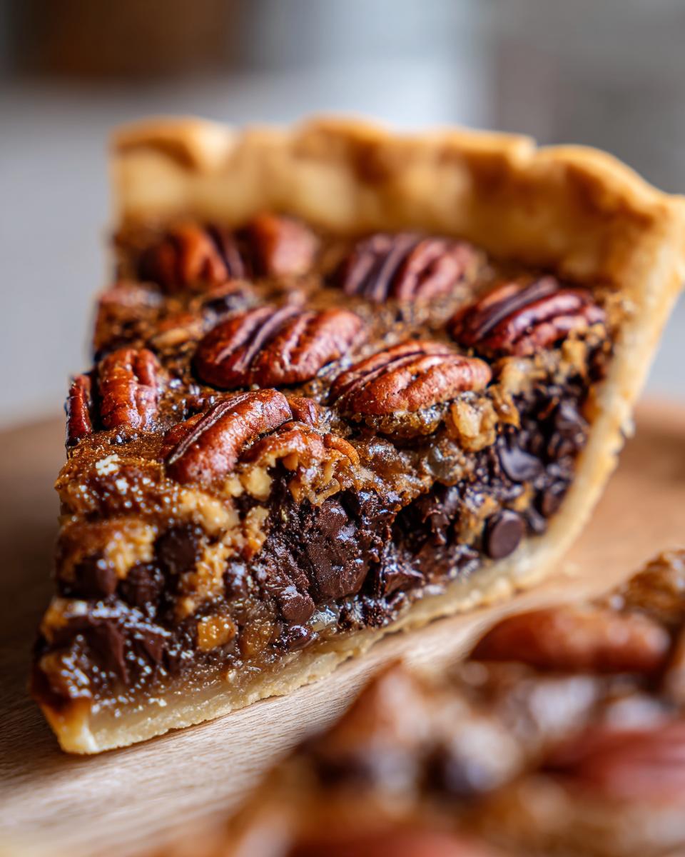 Close-up of a rich slice of chocolate bourbon pecan pie showing the gooey filling, chocolate chips, and whole pecans on top.