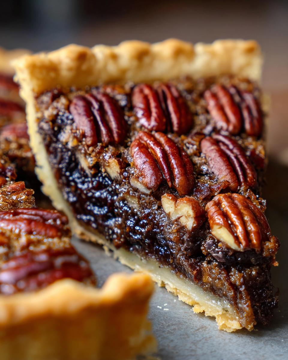 Close-up of a rich slice of chocolate bourbon pecan pie showing the dark filling and whole pecans on top.