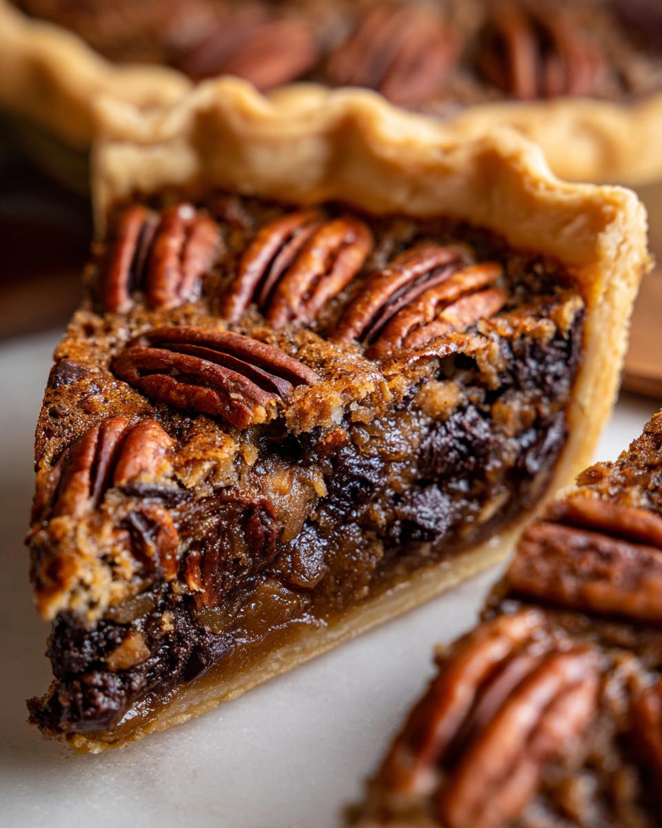 Close-up of a rich slice of chocolate bourbon pecan pie showing the gooey filling and whole pecans on top.