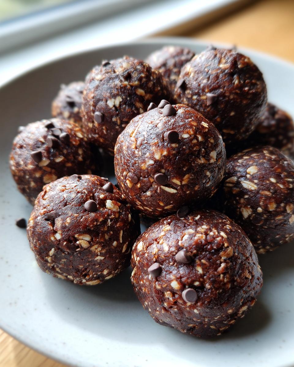 A close-up shot of several rich, dark chocolate protein balls sprinkled with mini chocolate chips, resting on a light gray plate.