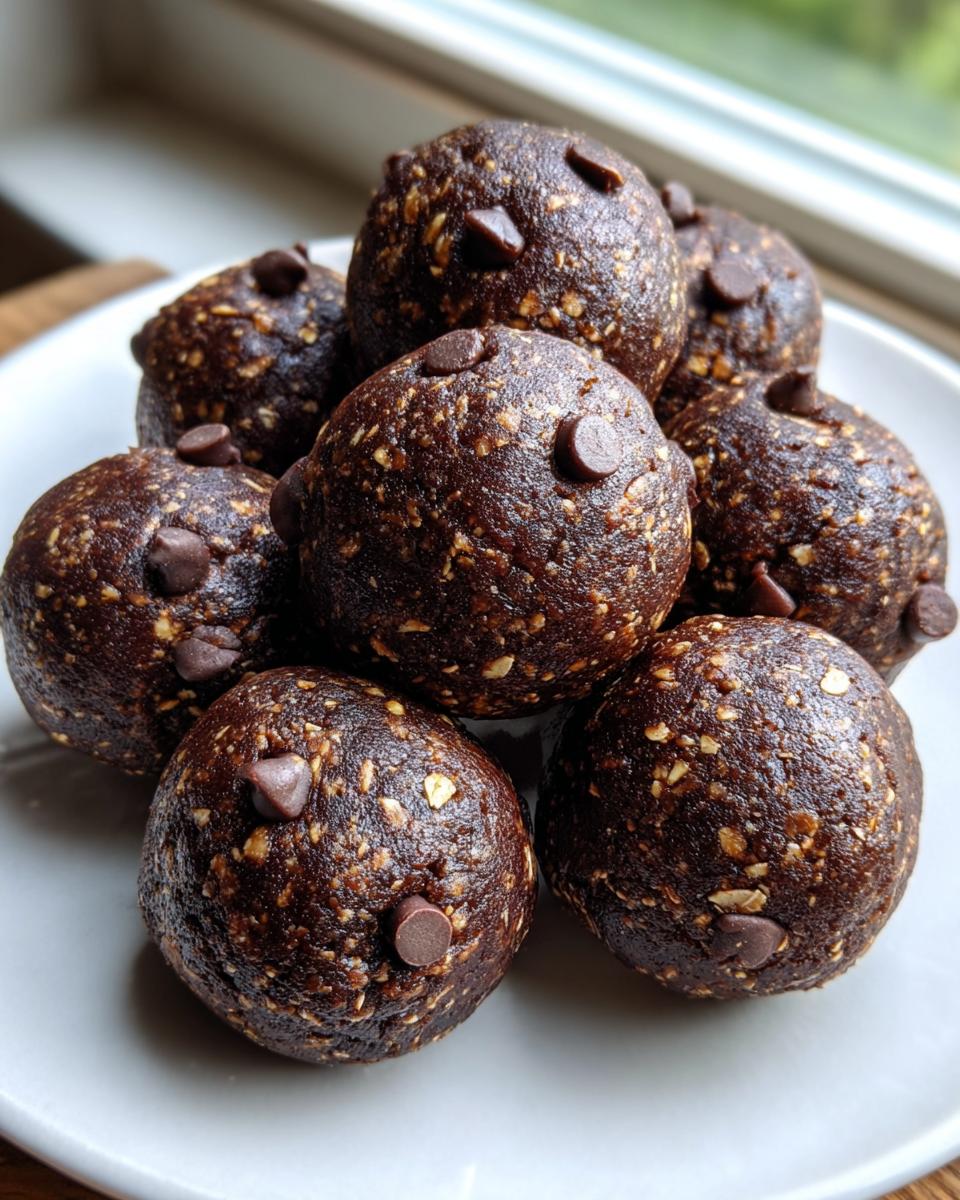 A close-up stack of rich, dark chocolate chip protein balls made with oats, ready for a quick snack.
