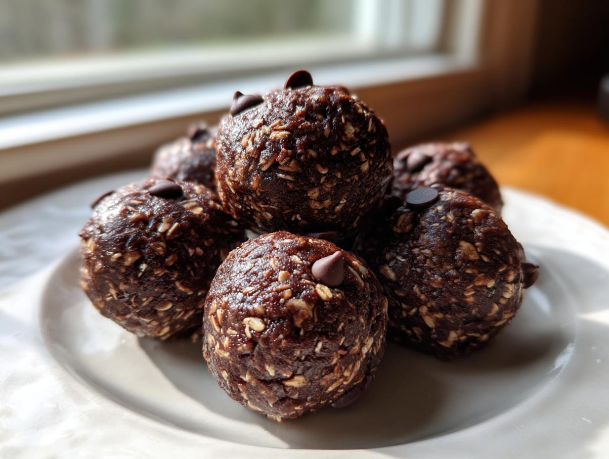 A stack of rich, dark chocolate oatmeal protein balls topped with mini chocolate chips, sitting on a white plate.